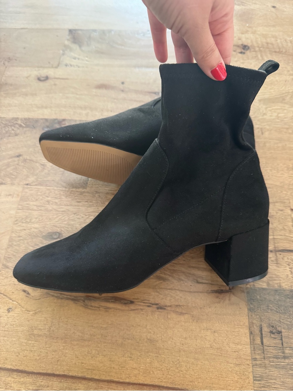 Aldo Tirgus Black faux Suede flex Block Heel Ankle Boots sz 8.5 square toe